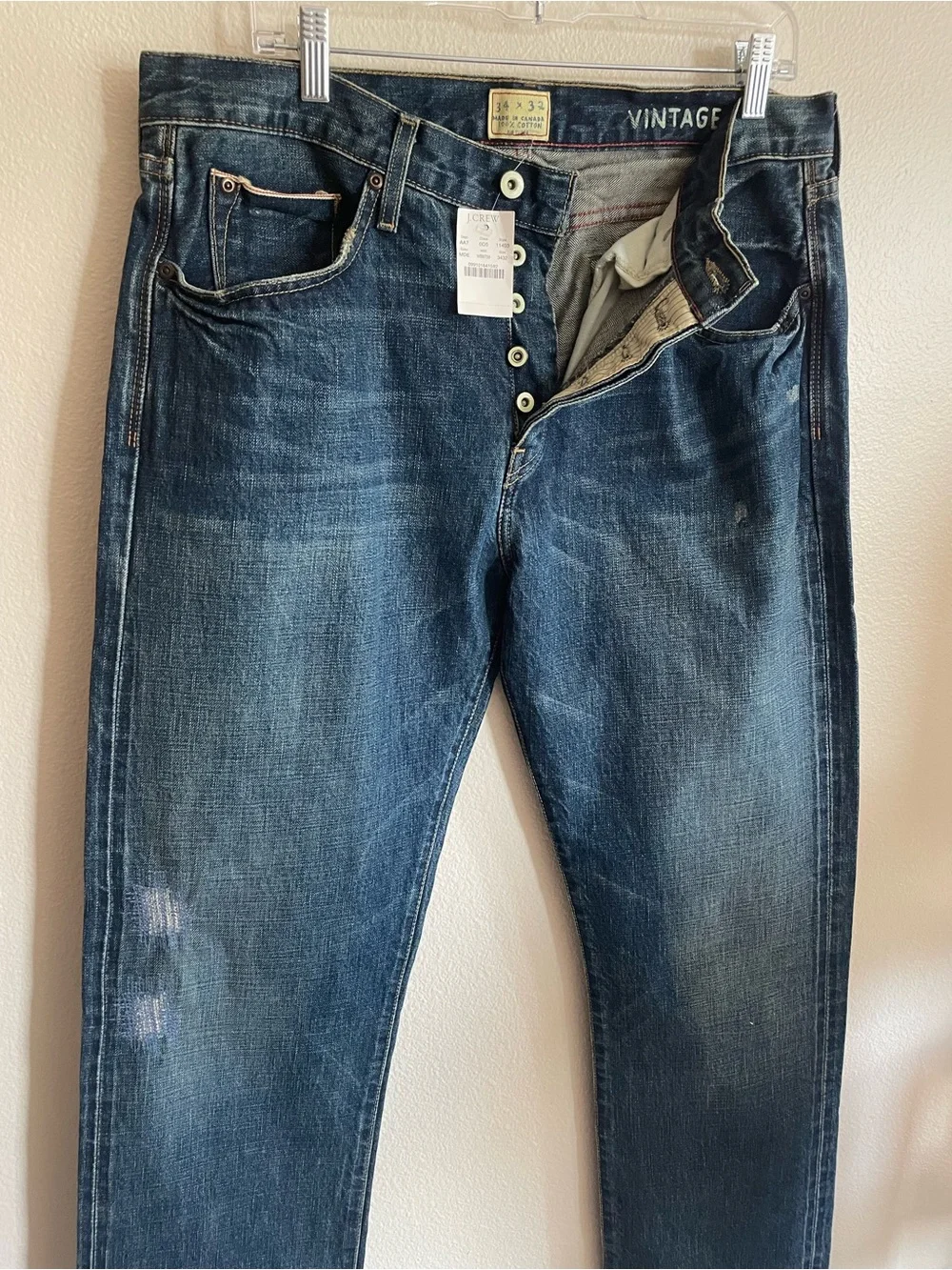 J. Crew Vintage Slim Fit button fly dark blue denim Jeans distressed vintage